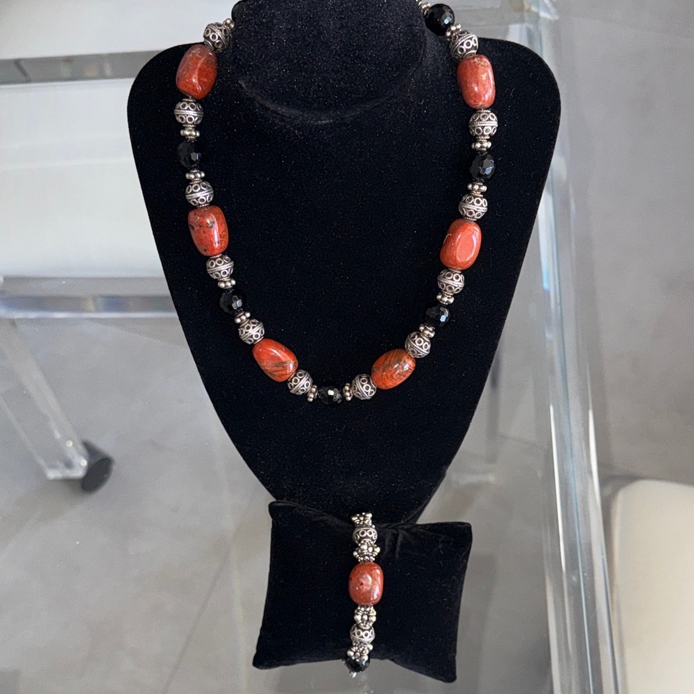 Onyx and Ritulated quartz Silver Accent Necklace & Bracelet Set